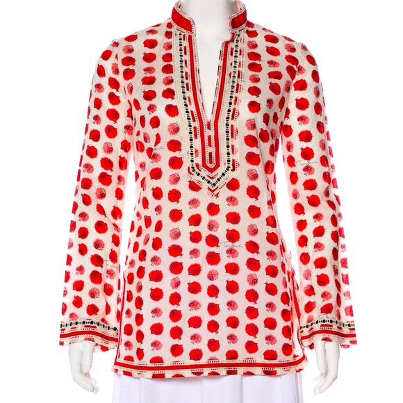 Tory Burch Tunic with Hedgehogs Size 6 Summer Top Swim Pool Coverup, red white - Picture 4 of 9